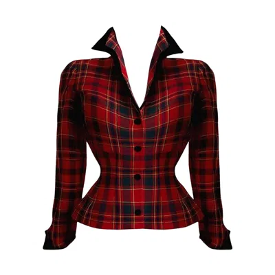 Pre-owned Mugler Thierry  Sculptural Wool Tartan Jacket Velvet Details Red Black