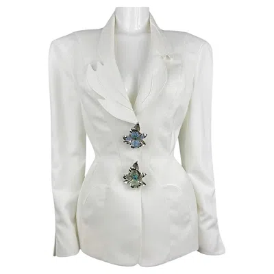 Pre-owned Mugler Thierry  Ss 1995 White Flower Brooch Adorned Jacket