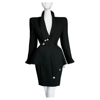 Pre-owned Mugler Thierry  Ss1998 Black Skirt Suit Dramatic Silver Metal Jacket Skirt