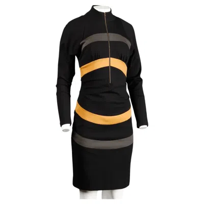 Pre-owned Mugler Thierry  Vintage Avant Garde Circular Striped Long Sleeve Dress, 1980s In Black