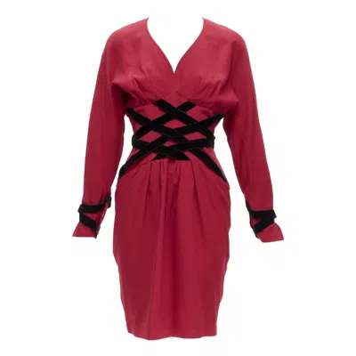 Pre-owned Mugler Thierry  Vintage Black Velvet Crisscross Corset Red Cocktail Dress It7ar S