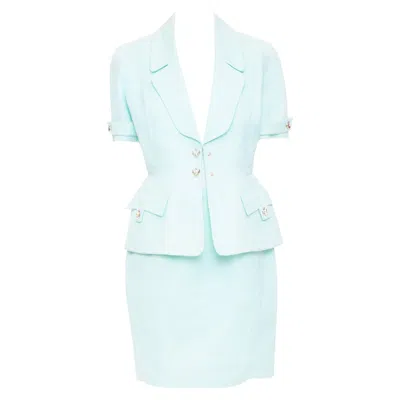 Pre-owned Mugler Thierry  Vintage Pale Blue Wool Textured Short Sleeve Peplum Skirt Suit