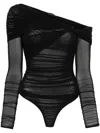 Mugler Bodysuit One-shoulder Long Sleeves In Black
