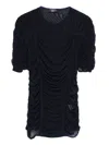 Mugler Crew Neck Mesh Top With Ruched Detailing In Black