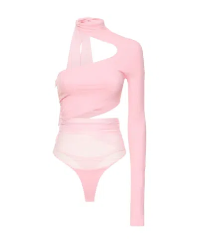 Mugler Tulle Hollowed-out Jumpsuit In Pink