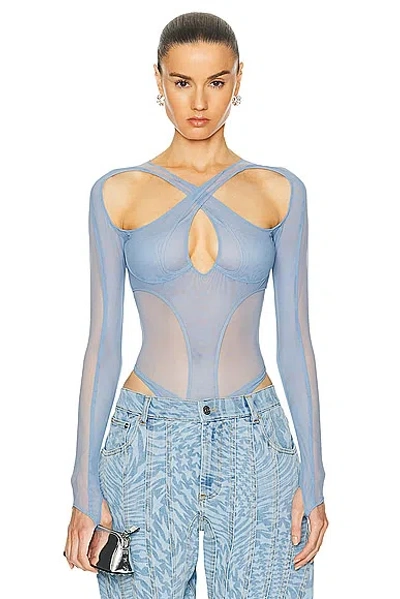 Mugler Tulle Long Sleeve Bodysuit In Silver Blue