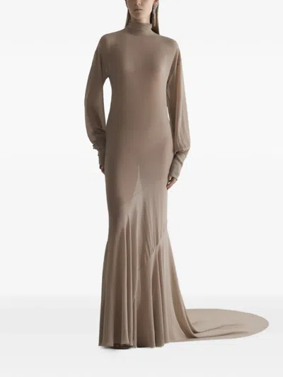 Mugler Turtleneck Gown Dress In Brown