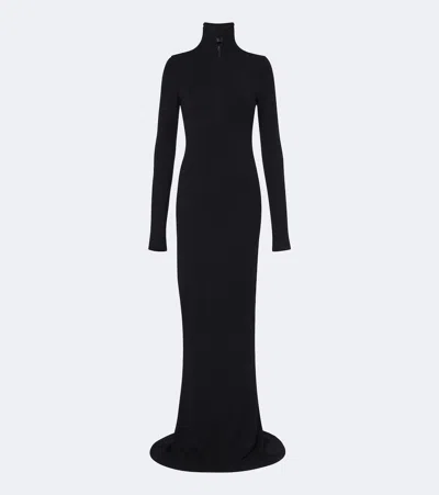 Mugler Turtleneck Wool-blend Jersey Maxi Dress In Black