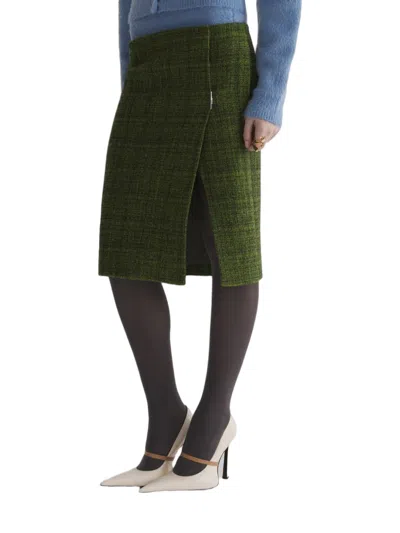 Mugler Tweed Front Slit Midi Skirt - Black In Green