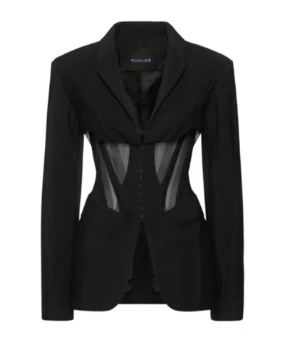 Mugler Twill Sheer Insert Corset Jacket In Black