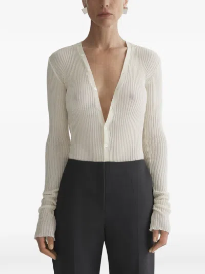 Mugler V-neck Ribbed Top In Neutral