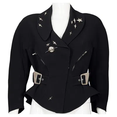 Pre-owned Mugler Vintage Iconic Thierry  Paris Planet Stars Metal Studded Peplum Jacket In Black