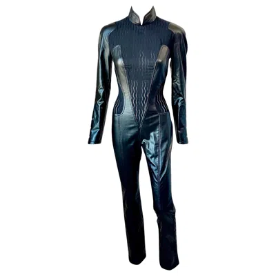 Pre-owned Mugler Vintage Leather Look Semi-sheer Panels Black Jumpsuit