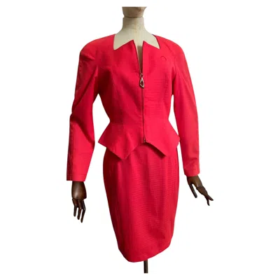 Pre-owned Mugler Vintage Thierry  1980s Fluorescent Coral Pink Jacket & Skirt Suit In Red