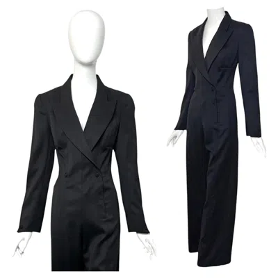 Pre-owned Mugler Vintage Thierry  1990s Wool Pinstripe Tailored Jumpsuit In Black