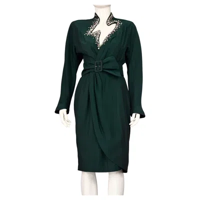Pre-owned Mugler Vintage Thierry  Encrusted Rhinestone Lightning Neckline Wrap Dress In Black