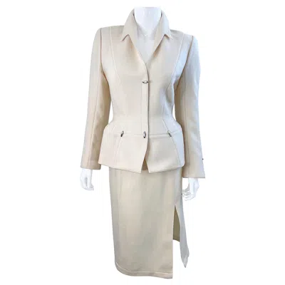 Pre-owned Mugler Vintage Thierry  F/w 1989 Ivory Size 6 Wool Silver Bullet Skirt Suit In White