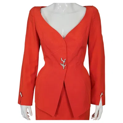Pre-owned Mugler Vintage Thierry  Jeweled Coral Button Orange Jacket Skirt Suit In Red