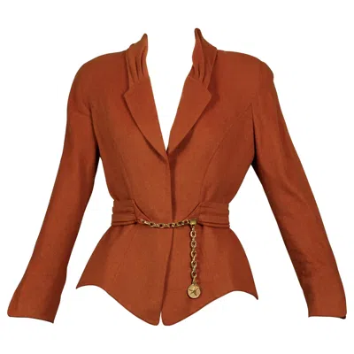 Pre-owned Mugler Vintage Thierry  Structured Belted Chain Burnt Orange Wool Jacket