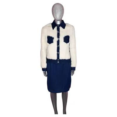 Pre-owned Mugler Vintage Y2k Thierry  White Rabbit Fur And Blue Denim Jacket And Skirt Set