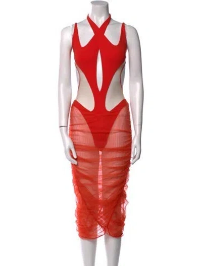 Pre-owned Mugler V-neck Midi Length Dress In Red