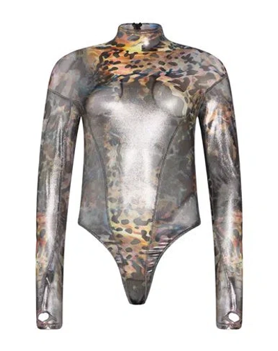 Mugler Woman Bodysuit Gunmetal Size 2 Polyamide, Elastane In Multi