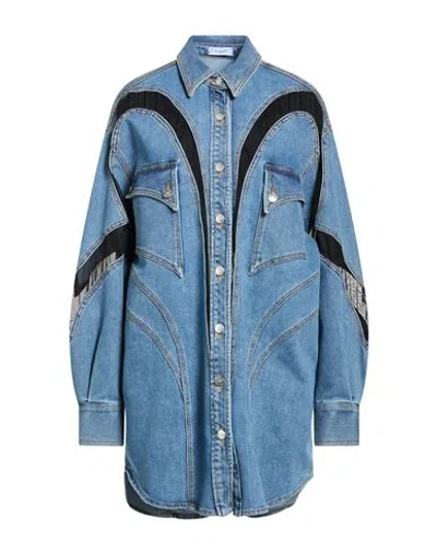 Mugler Woman Denim Shirt Blue Size 2 Cotton, Elastomultiester