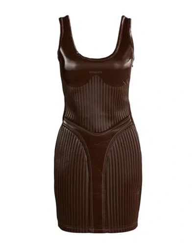 Mugler Woman Mini Dress Chocolate Brown Size 12 Polyester, Polyurethane, Rubber