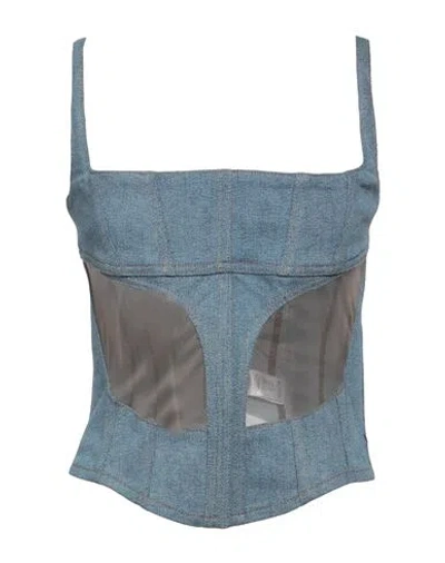 Mugler Woman Top Blue Size 8 Cotton, Elastane