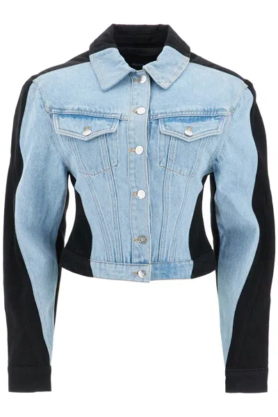 Mugler Blue & Black Bi-color Denim Jacket In Multi