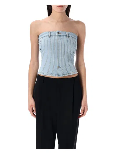 Mugler Blue Spiral Denim Bustier In Medium Blue