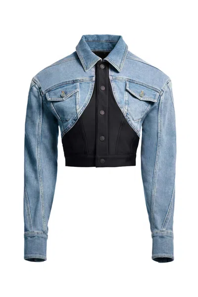 Pre-owned Mugler Women's  H&m Definedwaist Denim Crop Jacket In Light Denim Blue/black