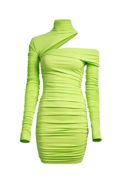 Pre-owned Mugler Women's  H&m Gathered Oneshoulder Mini Dress In Acid Green