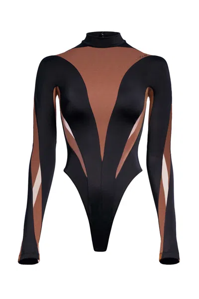 Pre-owned Mugler Women's  H&m Meshpaneled Bodysuit In Dark Brown/black