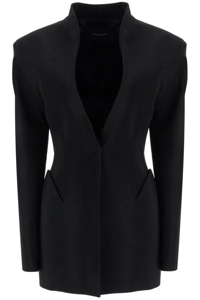 Mugler Short Black V-neck Jacket With Contemporary Design