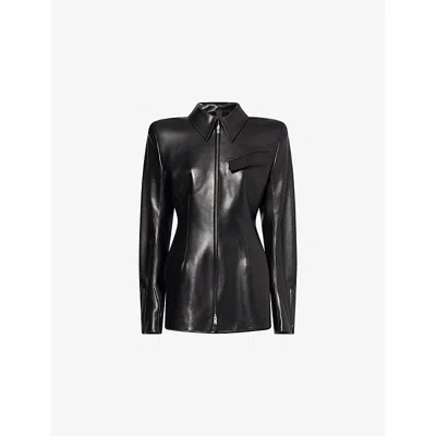Mugler Womens Black Collared Cinched-waist Leather Jacket