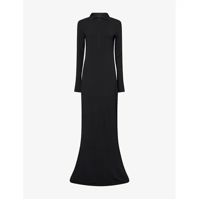 Mugler Womens Black Column Quarter-zip Wool-jersey Maxi Dress In Blue