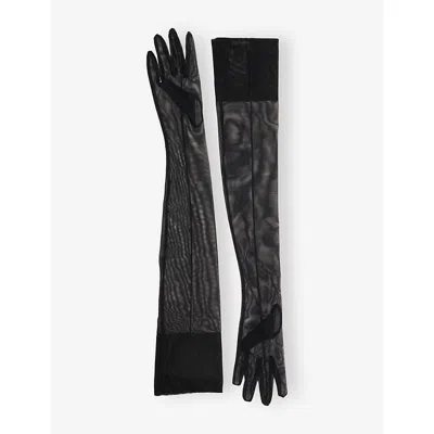 Mugler Womens Black Sheer Mesh Stretch-woven Long Gloves