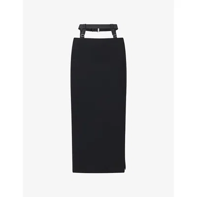 Mugler Womens Black Belted Split-seam Wool-blend Midi Skirt