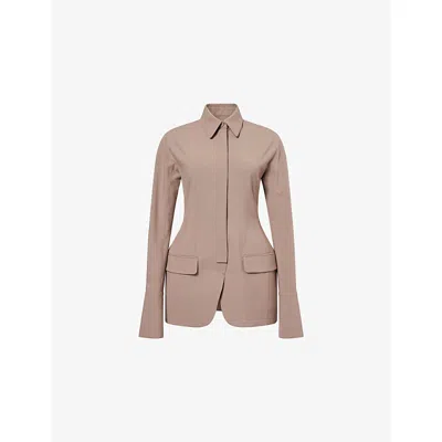 Mugler Womens Dark Taupe Single-breasted Peplum Wool-blend Jacket In Brown