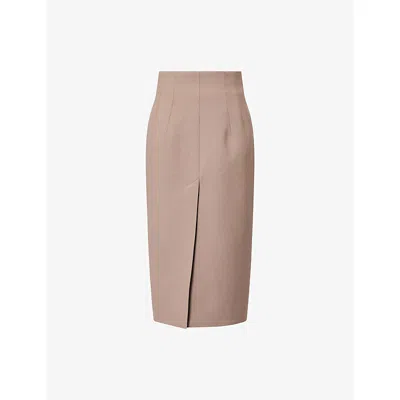 Mugler Womens Dark Taupe Tailored Pencil Wool-blend Midi Skirt In Pink