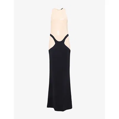 MUGLER WOMENS BEIGE BLACK TROMPE L'OEIL  SEQUIN STRETCH-WOVEN GOWN