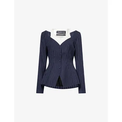Mugler Womens Navy White Illusion Striped Wool-blend Jacket In Blue