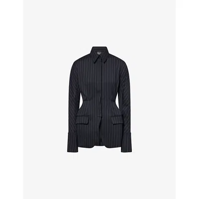 Mugler Womens Navy White Pinstripe Hourglass Wool-blend Jacket In Black