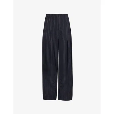 Mugler Womens Navy White Pinstripe-pattern Wide-leg Wool Trousers In Blue