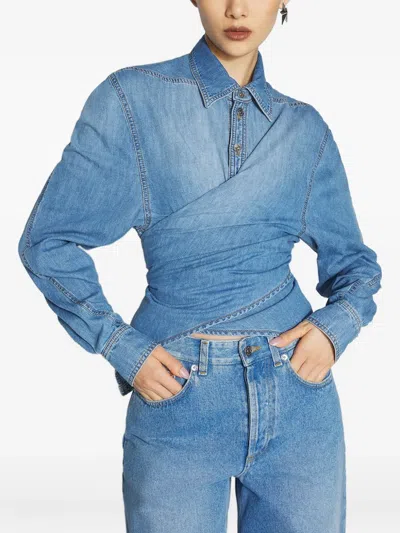 Mugler Wrap-effect Denim Shirt In Blue