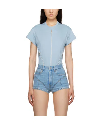 Mugler Zip-embellished Organic Cotton Bodysuit In Blue