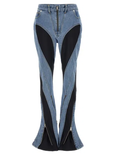 Mugler Zip Detailing Flared Denims With Jersey Inserts In Blue