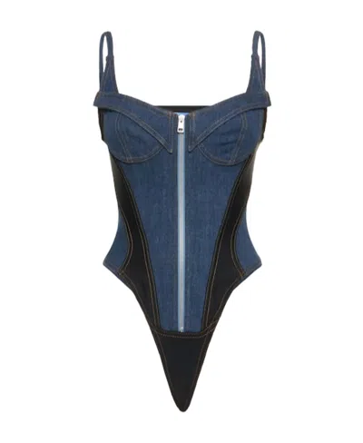 Mugler Zippered Bodysuit In Blue
