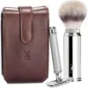 Mühle Brown Leather Case, Silvertip Fiber Brush & Safety Razor Travel Set In Brown